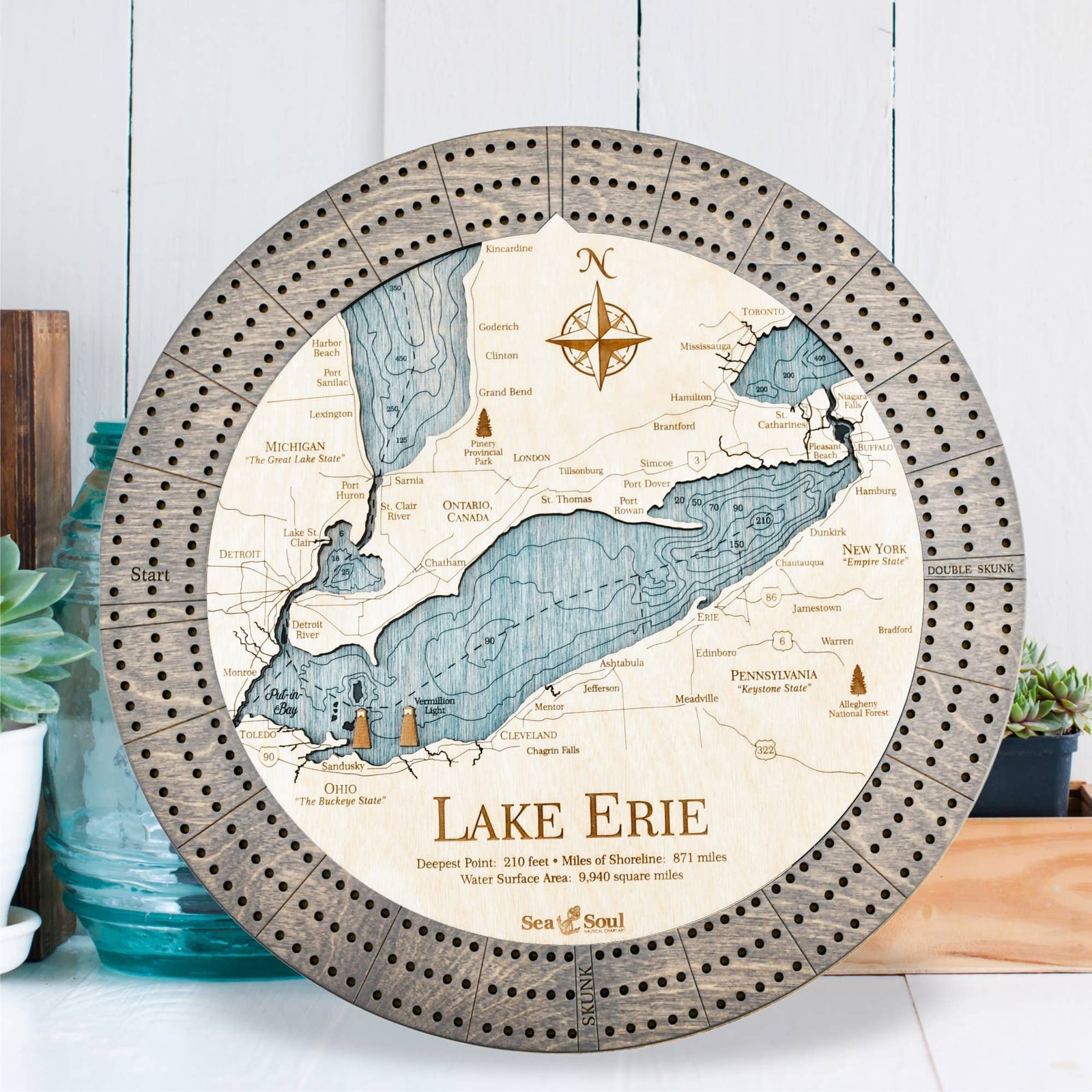 SeaSoul Lake Erie Nautical Wood Map Cribbage Board