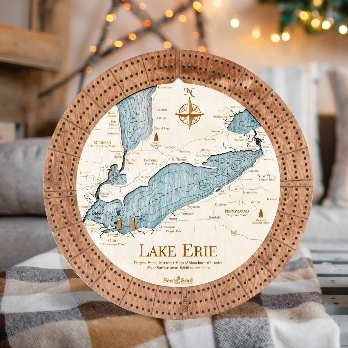 SeaSoul Lake Erie Nautical Wood Map Cribbage Board