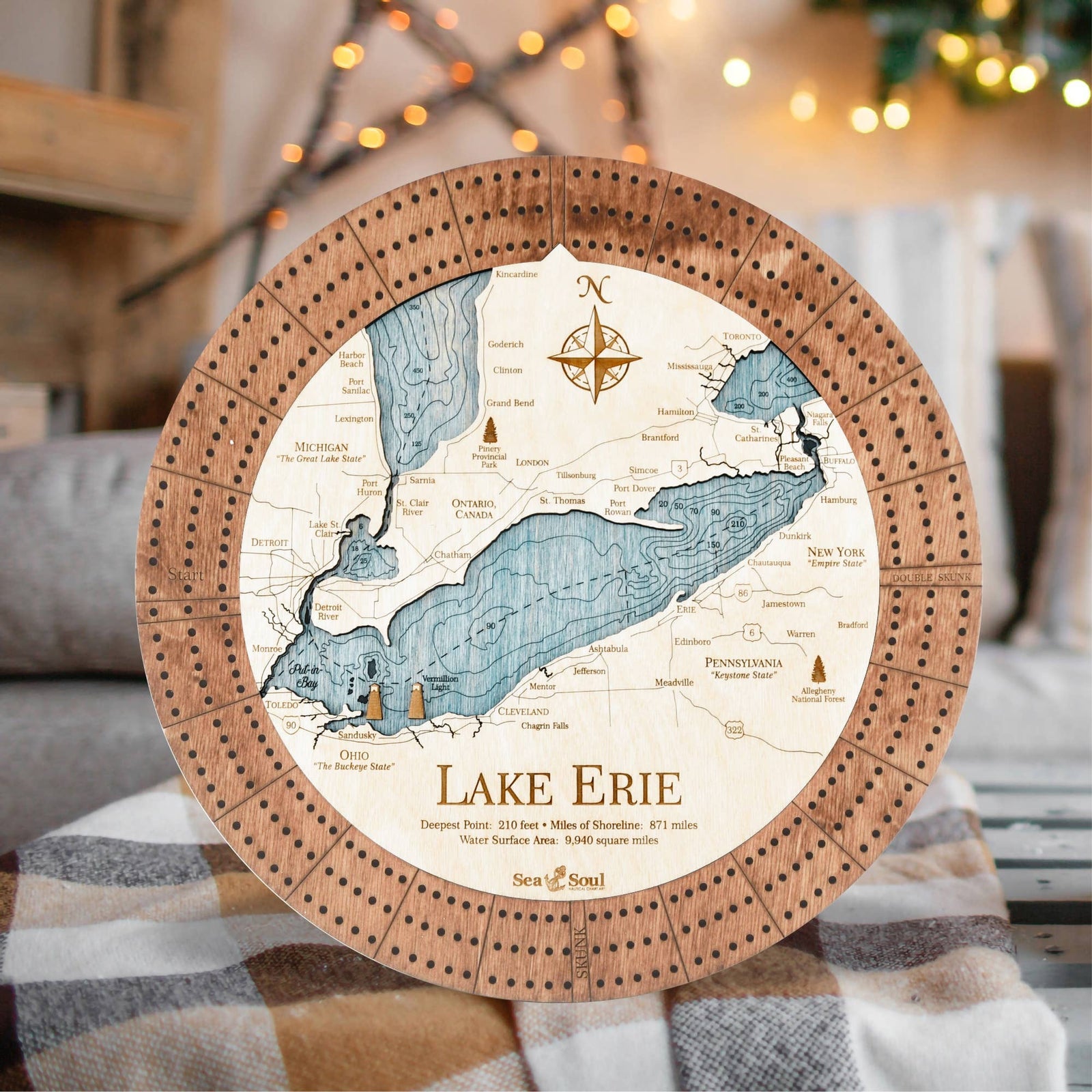 SeaSoul Lake Erie Nautical Wood Map Cribbage Board