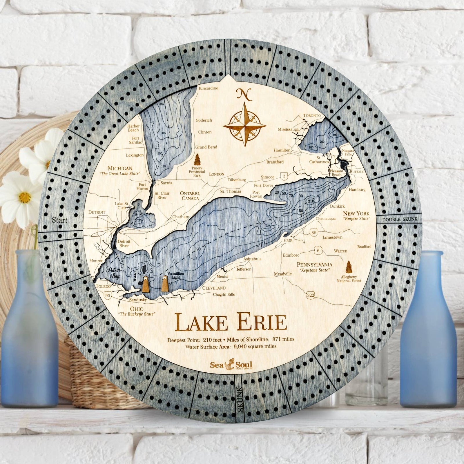 SeaSoul Lake Erie Nautical Wood Map Cribbage Board
