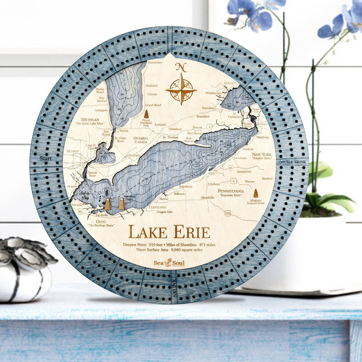 SeaSoul Lake Erie Nautical Wood Map Cribbage Board