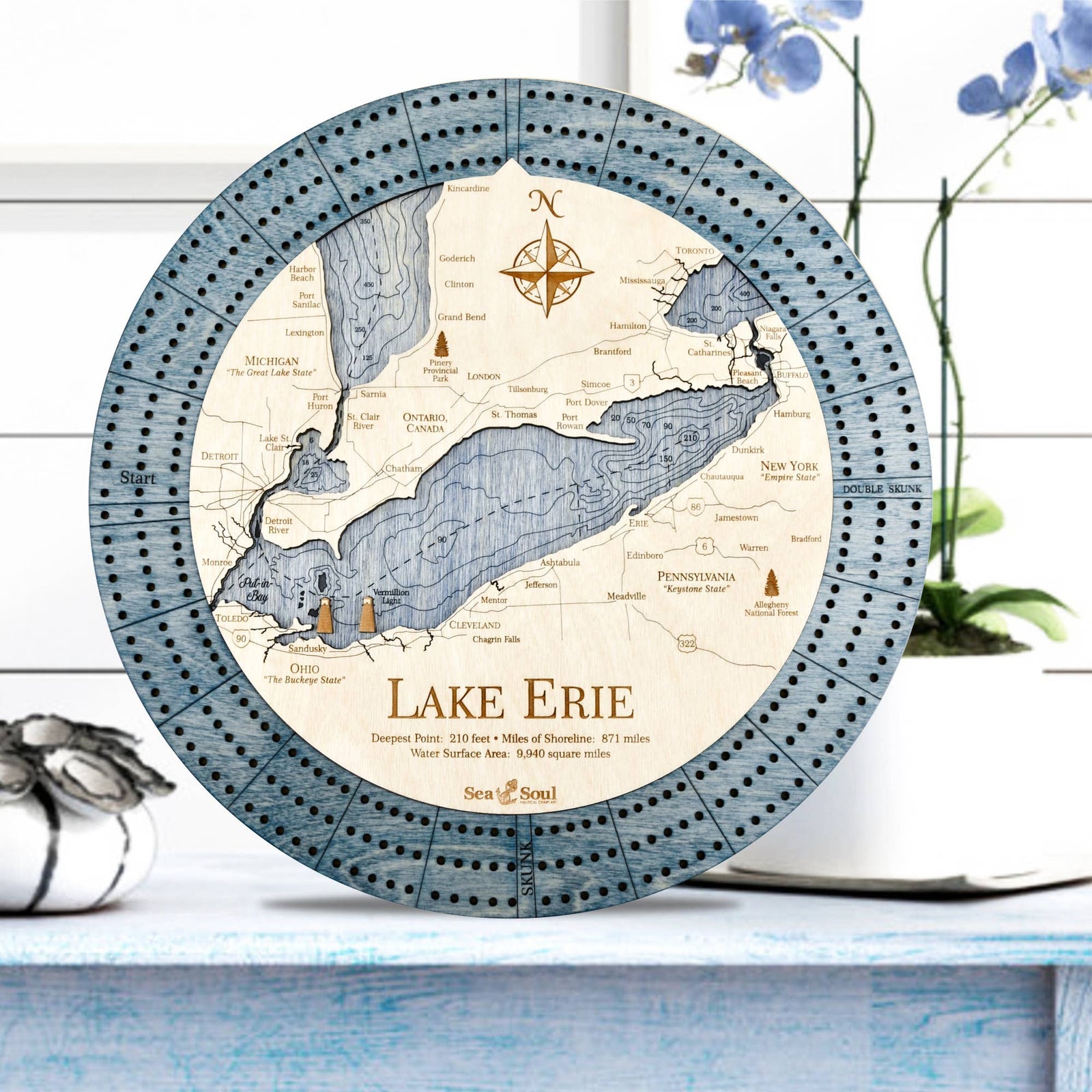SeaSoul Lake Erie Nautical Wood Map Cribbage Board