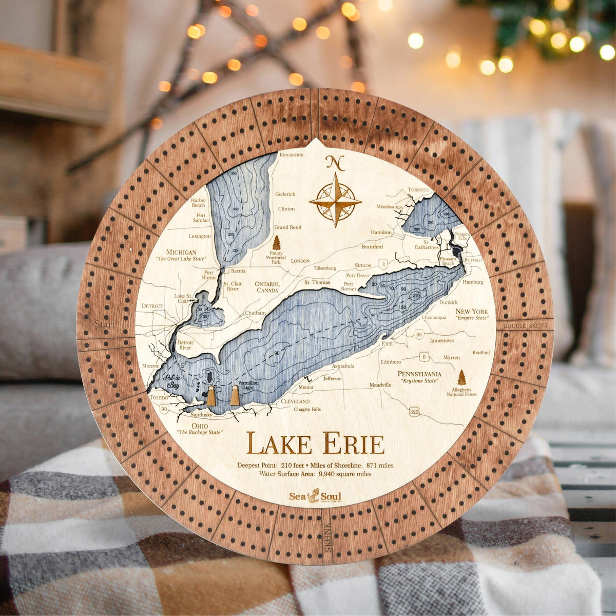 SeaSoul Lake Erie Nautical Wood Map Cribbage Board