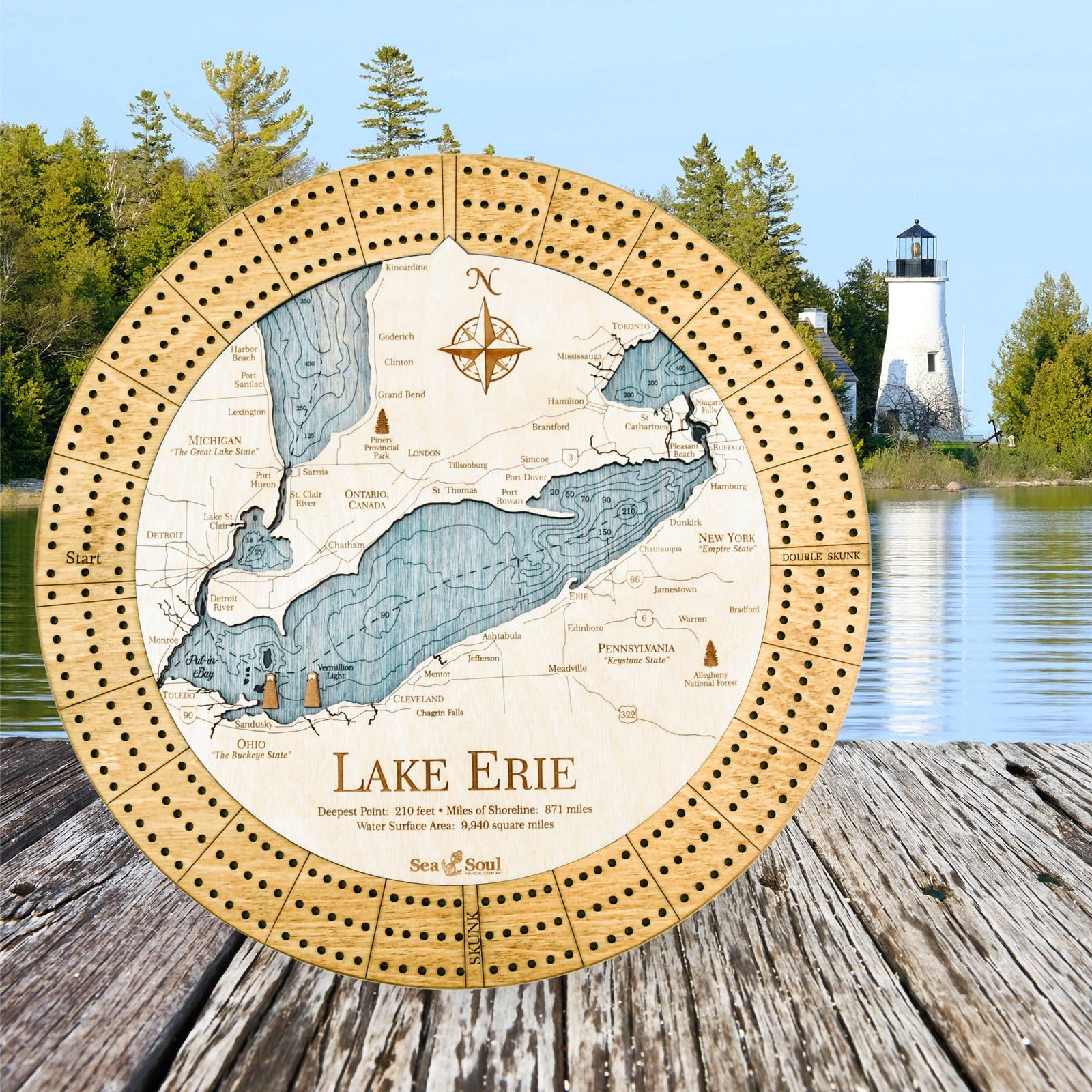 SeaSoul Lake Erie Nautical Wood Map Cribbage Board