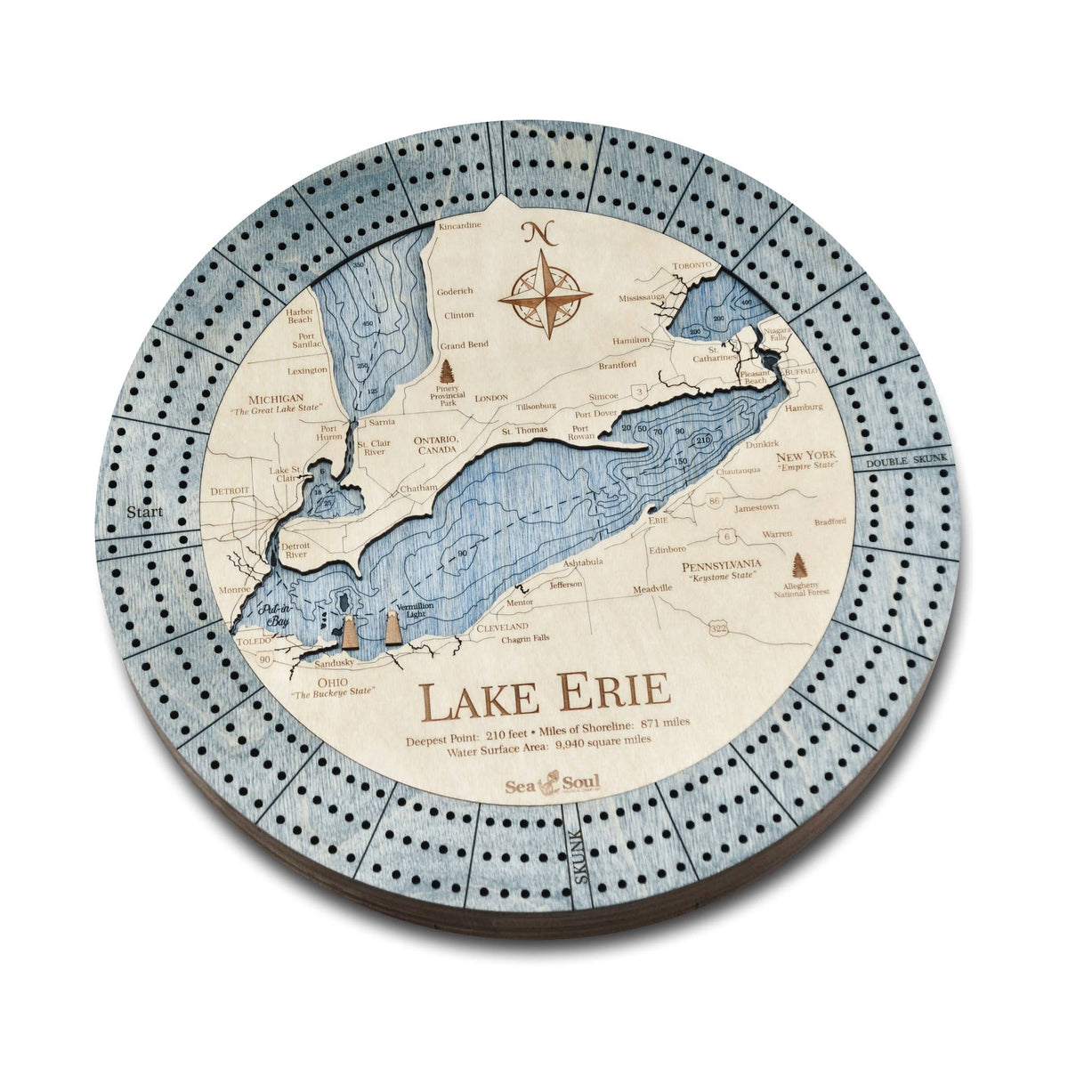 SeaSoul Lake Erie Nautical Wood Map Cribbage Board