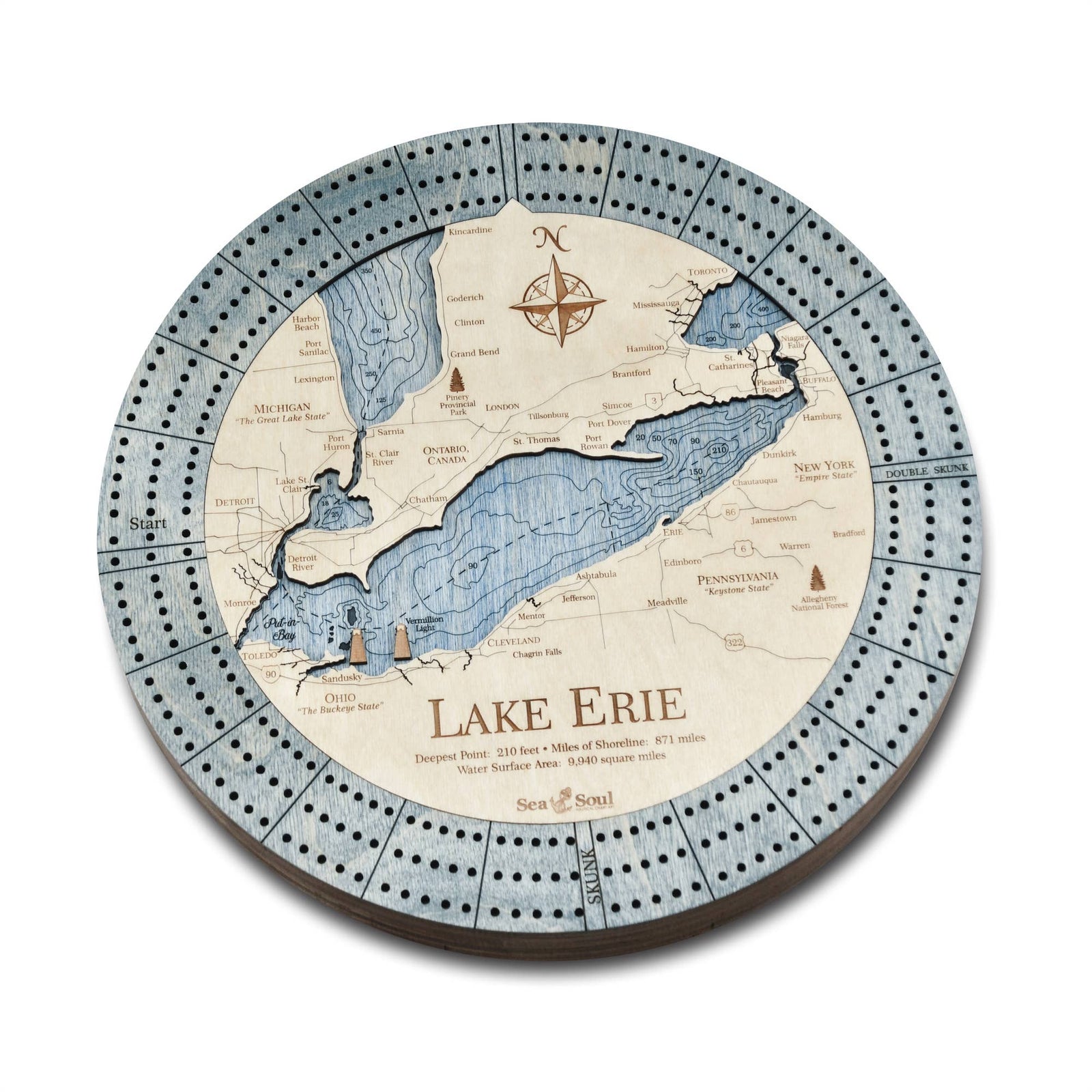 SeaSoul Lake Erie Nautical Wood Map Cribbage Board