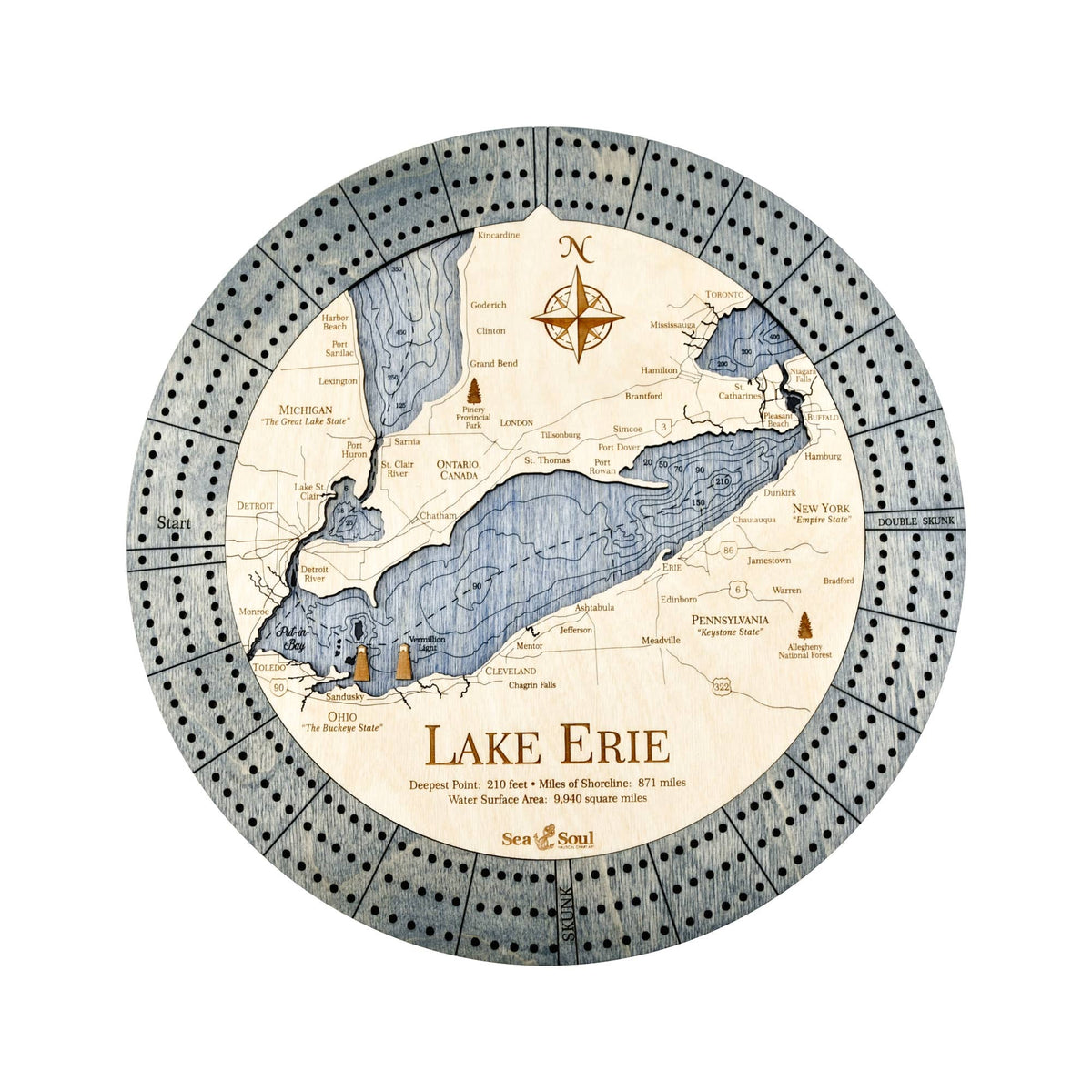SeaSoul Lake Erie Nautical Wood Map Cribbage Board