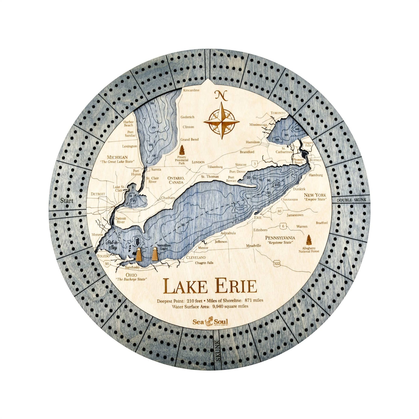 SeaSoul Lake Erie Nautical Wood Map Cribbage Board
