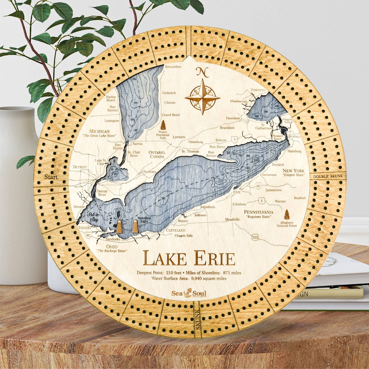 SeaSoul Lake Erie Nautical Wood Map Cribbage Board