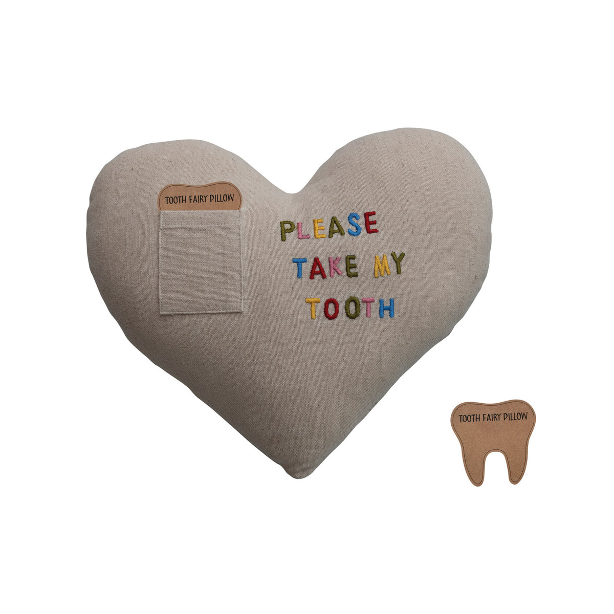 Cotton &amp; Linen Tooth Fairy Pillow with Pocket &amp; Embroidery "Please Take My Tooth"