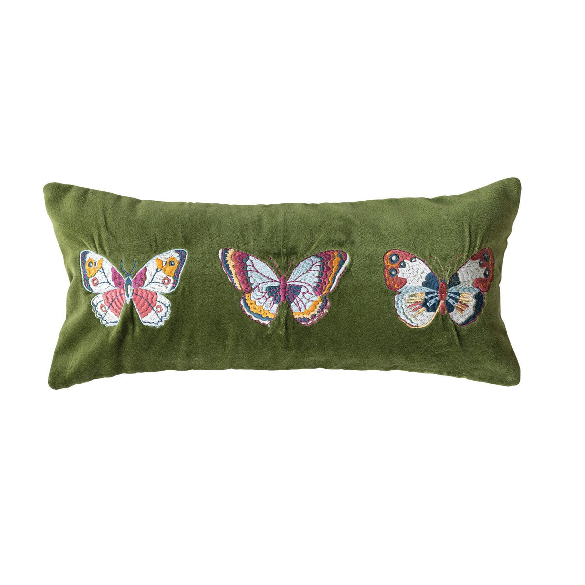 Cotton Velvet Lumbar Pillow with Embroidered Butterflies &amp; Chambray Back
