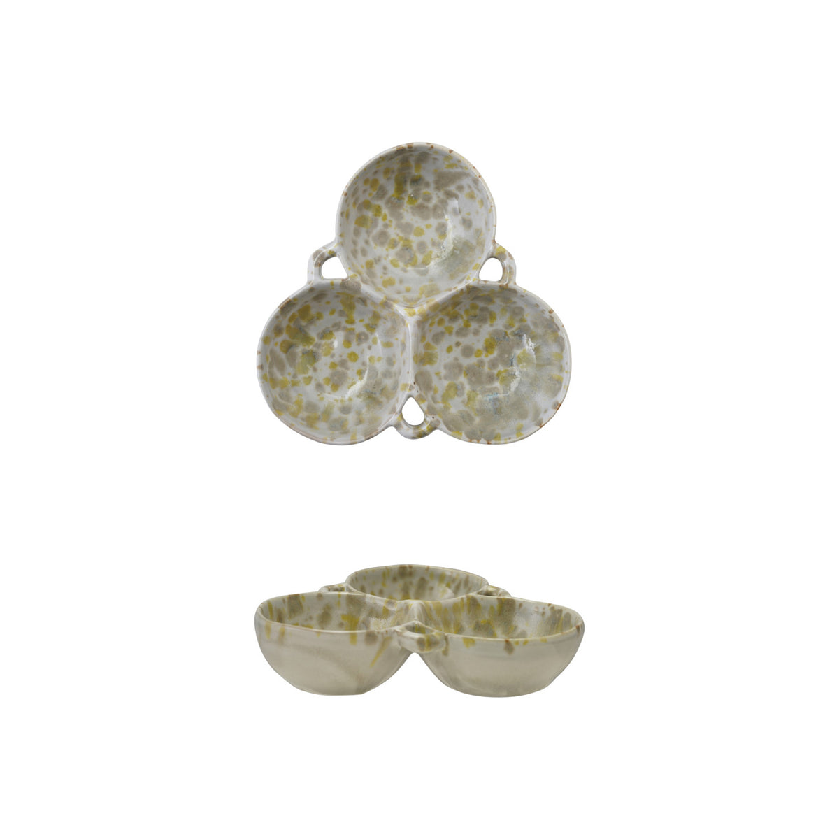 Stoneware Multi Bowl with 3 Sections, Cream Color &amp; Green (Each One Will Vary)