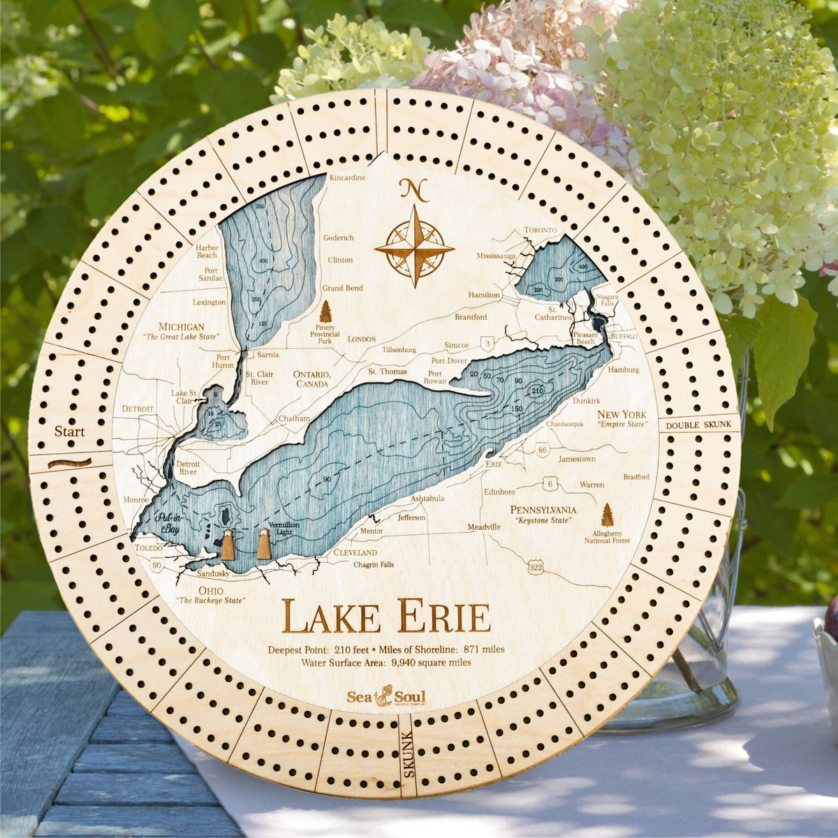 SeaSoul Lake Erie Nautical Wood Map Cribbage Board