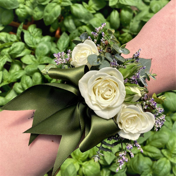 corsage for a green dress Sage Green and off White Silk Rosebud Corsage, Boutonniere, Wedding, Prom